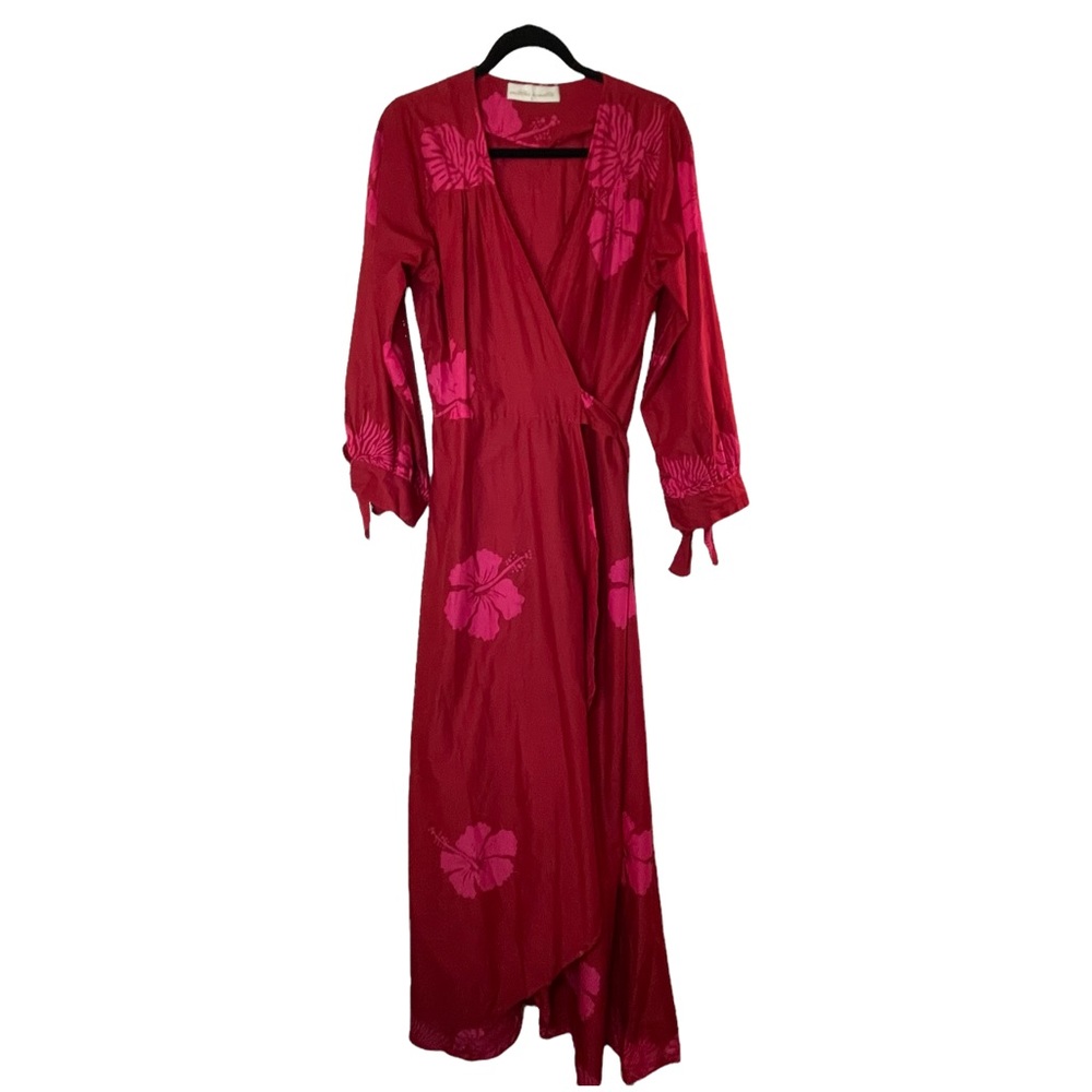 Natalie Martin Danika Hawaiian Tropical Print Red Wrap Dress Pink Flowers Size L
